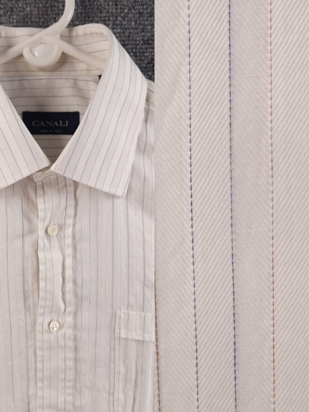 Canali White Blue Brown 15.75 Herringbone Cotton Italy Men Button Up Long Sleeve